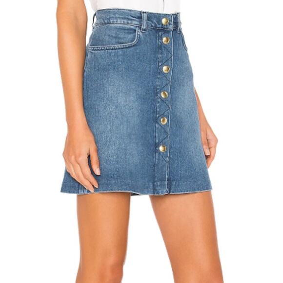 FRAME Denim Claire Mini Skirt Gold Button High Rise A-Line Medium Wash Blue - Picture 3 of 16